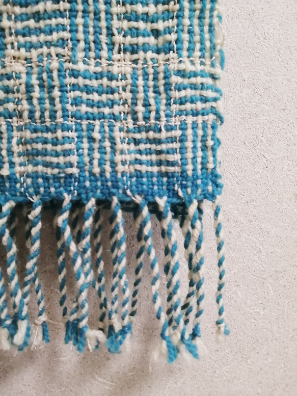 手織りマフラー　アレンジ網代織　ターコイズブルー系　１点もの 3枚目の画像