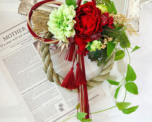 2024新デザイン！ダリアとピオニーの水引お正月しめ縄飾り