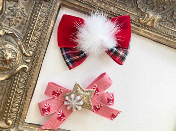 クリスマスリボンクリップ♡ミンクファー2点セット♡キッズクリップ