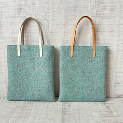 カラフルネップツイード×本革持ち手ぺたんこバッグ】姫路レザー