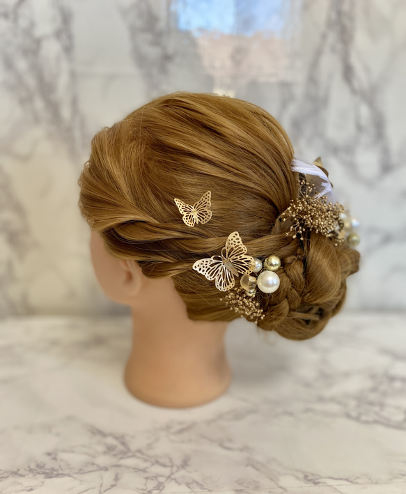 髪飾り 成人式 和装結婚式 百合ゴールド 蝶々 パール ヘッドドレス ヘアアクセサリー 4枚目の画像