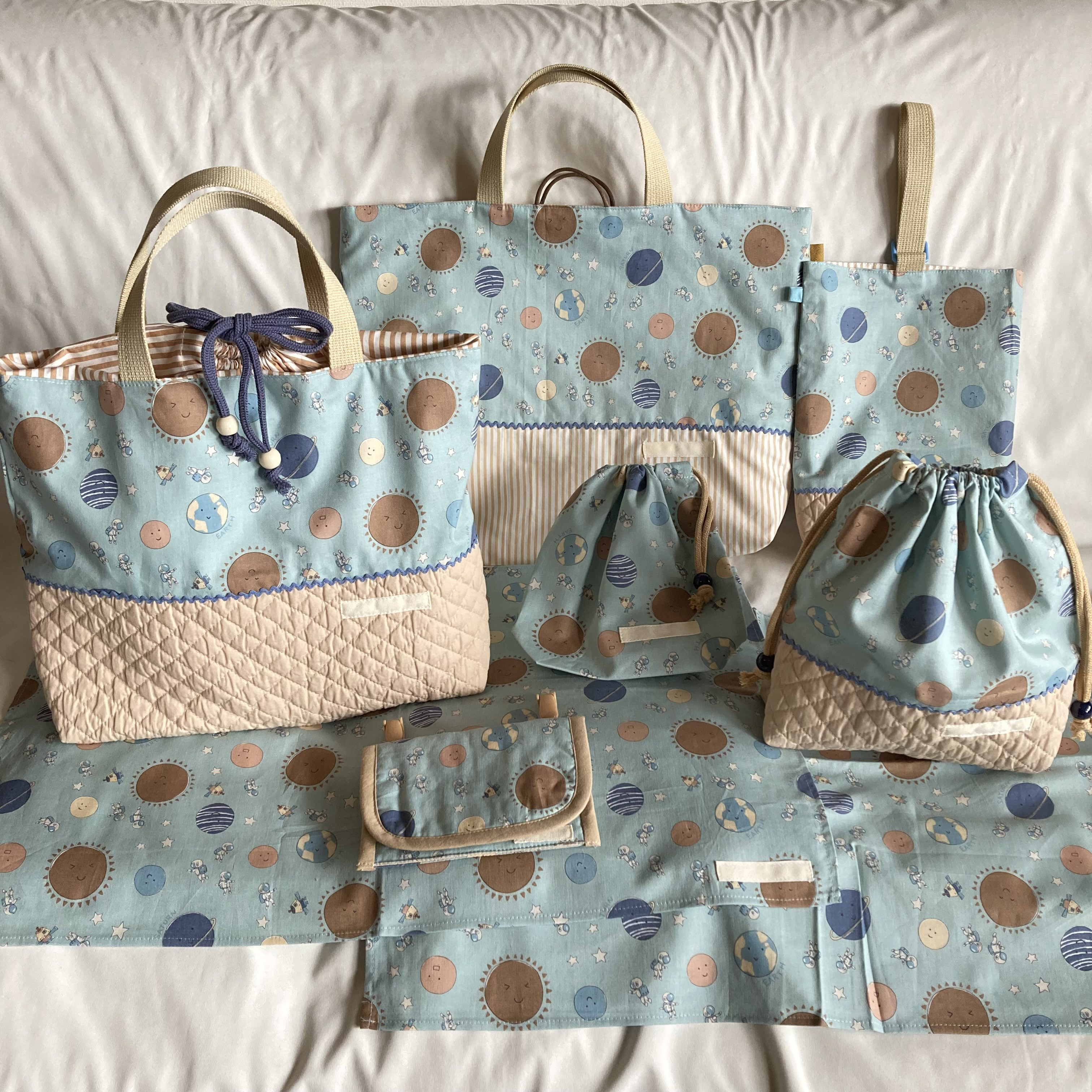 【オーダーOK】入園入学セット48ほっこり宇宙飛行士惑星★手提げ上履き給食お着替え巾着ランチョンマットくすみニュアンス