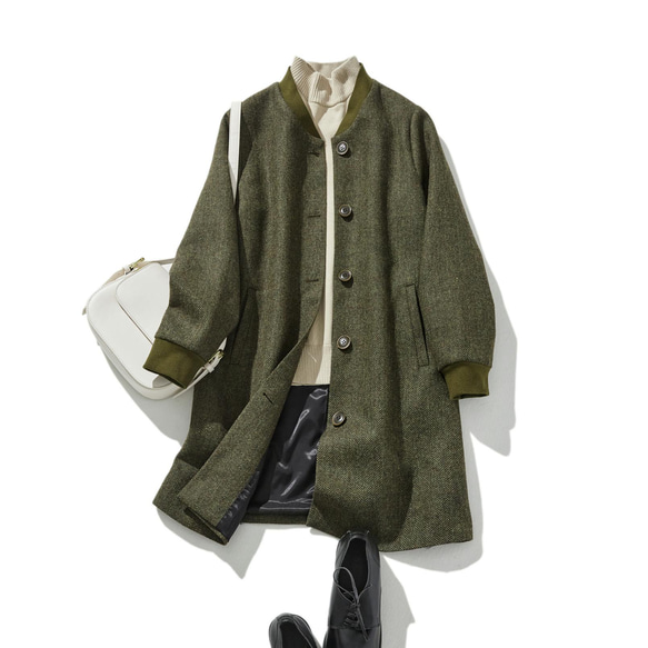 下一季主打外套 羊毛混紡人字紋布料束口大衣 綠色 231013-3 第1張的照片