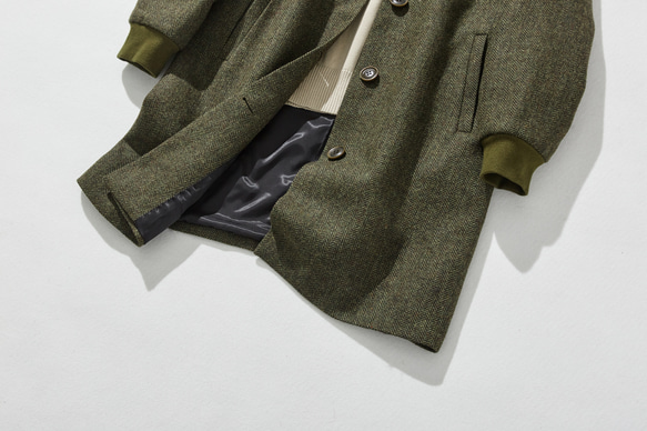 下一季主打外套 羊毛混紡人字紋布料束口大衣 綠色 231013-3 第4張的照片