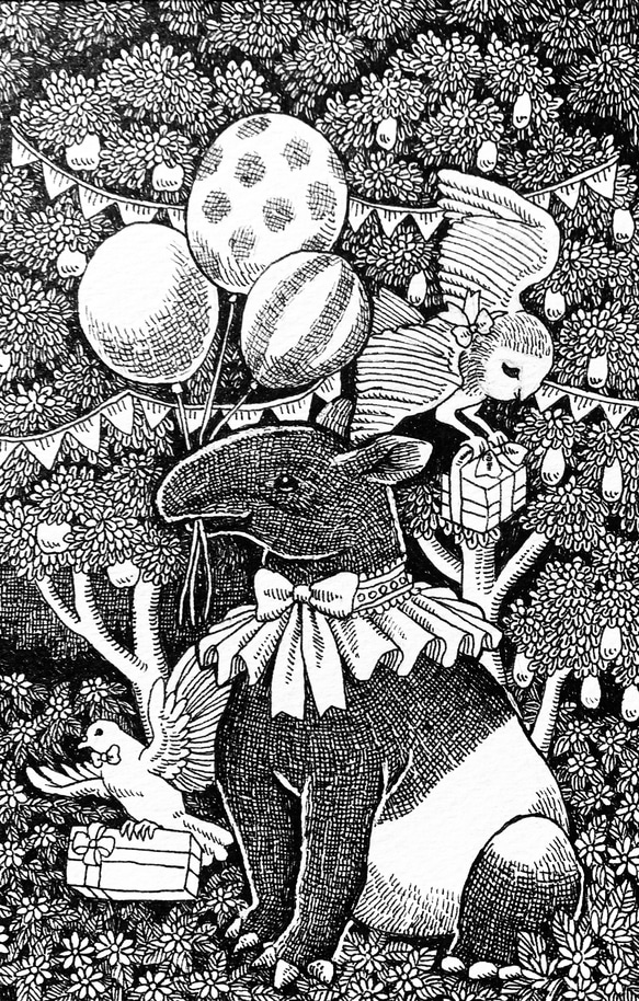 原画【一点物】「悪夢を食べるバク」　アンティーク風なペン画のインテリアアート　絵画　モノクロ　リビング　玄関　動物 2枚目の画像