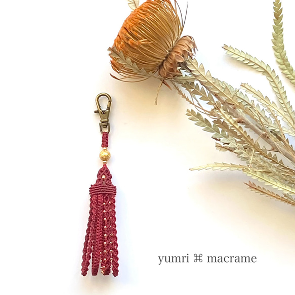 yumri ⌘ macrame マクラメレース　4連ストラップ［10cm］レッド0.5 2枚目の画像