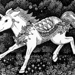 原画【一点物】「駆け出しの子馬」　アンティーク風なペン画のインテリアアート　絵画　モノクロ　リビング　玄関　動物 2枚目の画像