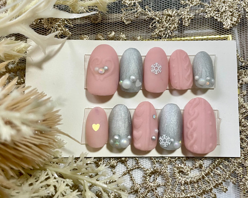 サイズオーダー♡ハート×ニットネイルチップ ピンク size order