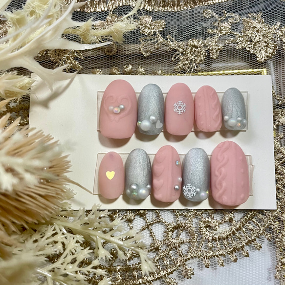 サイズオーダー♡ハート×ニットネイルチップ ピンク size order