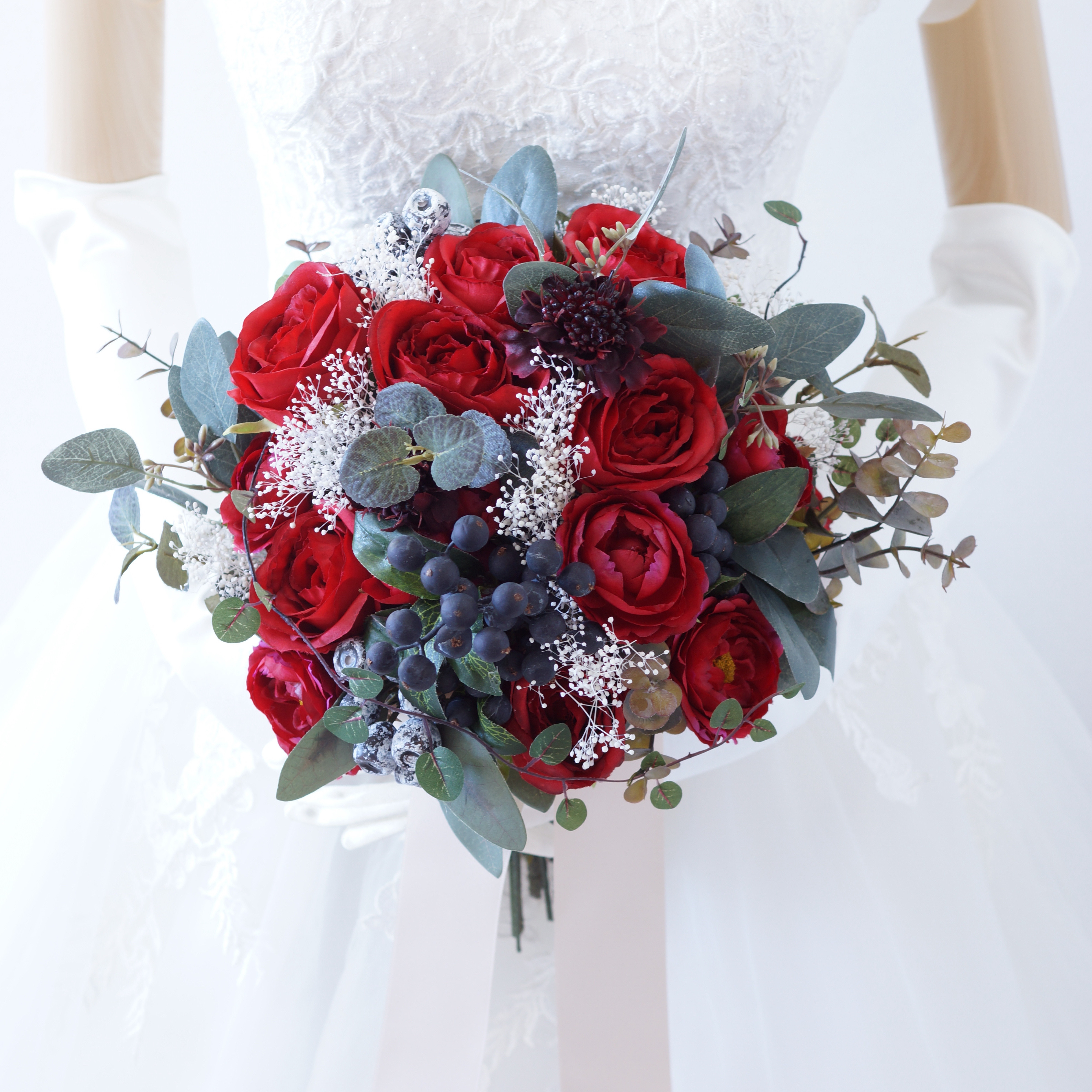 ウエディング カスミソウ、バラ 【2点セット】ホワイトブーケ、ブートニア