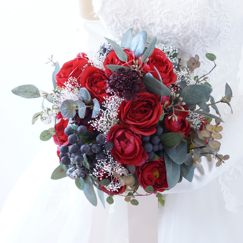 送料無料】赤バラとかすみ草のウェディングブーケ・ブートニアセット
