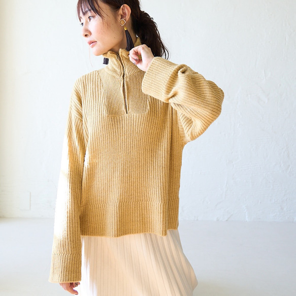 Morino Gakko 穿起來有趣 半拉鍊針織衫（混合芥末黃） 羊毛混紡針織衫 第3張的照片