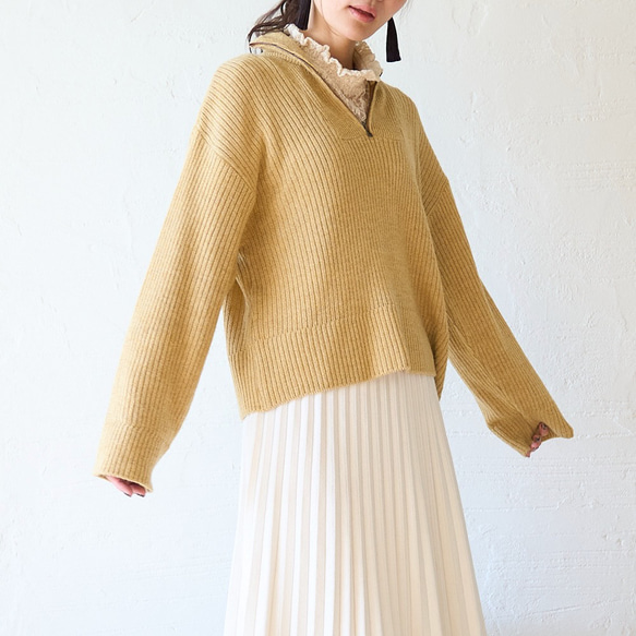 Morino Gakko 穿起來有趣 半拉鍊針織衫（混合芥末黃） 羊毛混紡針織衫 第12張的照片