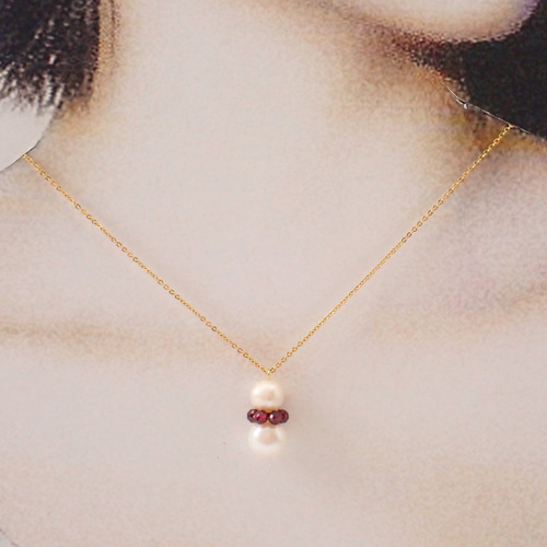大粒淡水パール✕ガーネットの花 ペンダントネックレス 6月誕生石 1月  