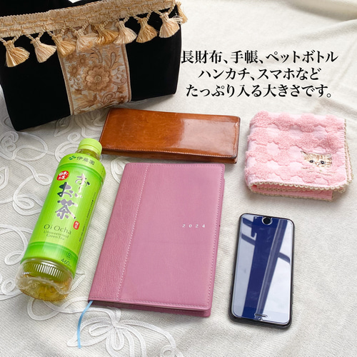 長財布入るパーティバッグ/ビロード×ビジュー×黒×ゴールド