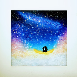 三日月と星空　夢見る夜　願いは叶う　【原画】オイルパステルアート 4枚目の画像