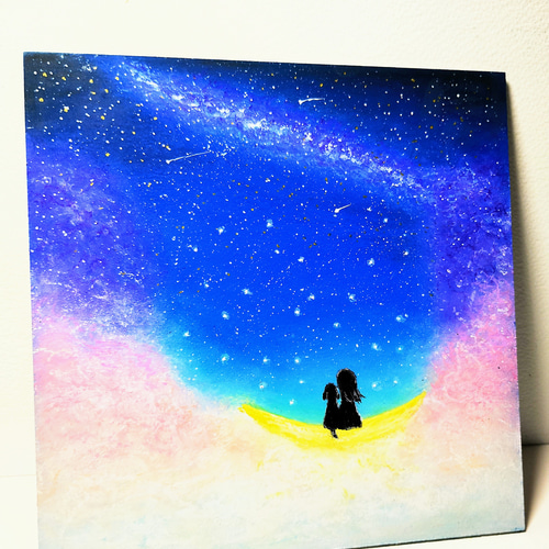 パステル画（原画）夕暮れの月星。 三日月と星空 夢見る夜 願いは叶う 【原画】オイルパステル