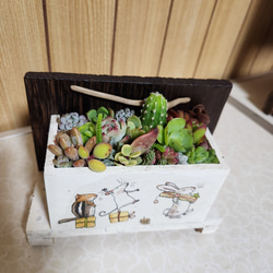 多肉植物寄せ植え　そのまま飾れる　木製プランター　ハンドメイド　　デコバージュ　 1枚目の画像