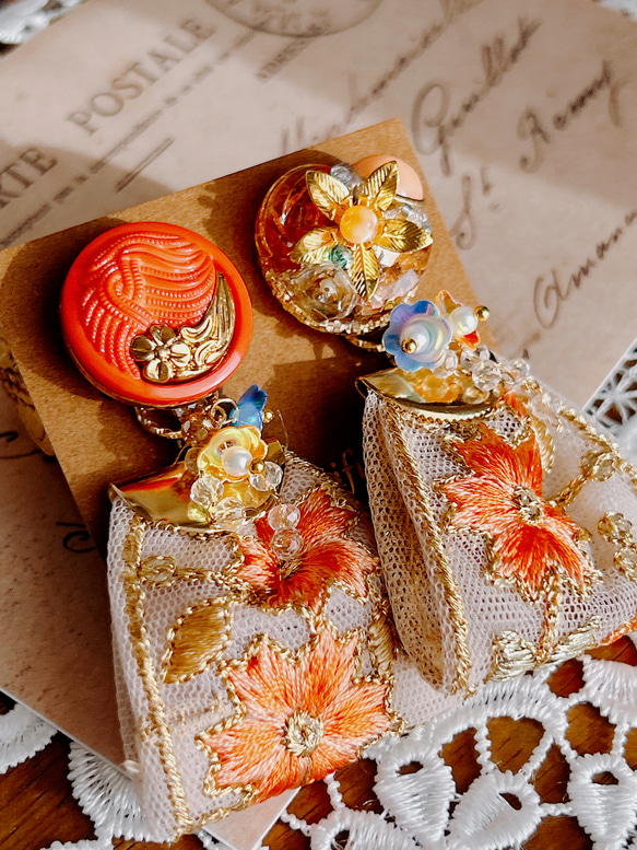 オレンジ レトロ インド刺繍リボン イヤリング 【2way】 2枚目の画像