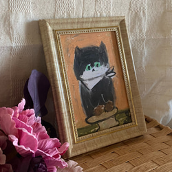 絵画。原画手描き【黒猫はふわふわのチョコレートパンが好きです】 2枚目の画像