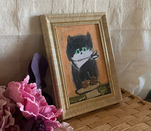 絵画。原画手描き【黒猫はふわふわのチョコレートパンが好きです】 2枚目の画像