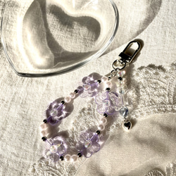 フラワー パープル クリア ビーズ キーホルダー キーリング ストラップ