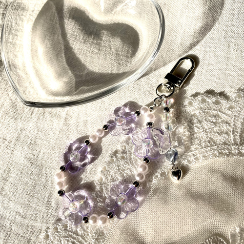 フラワー パープル クリア ビーズ キーホルダー キーリング ストラップ