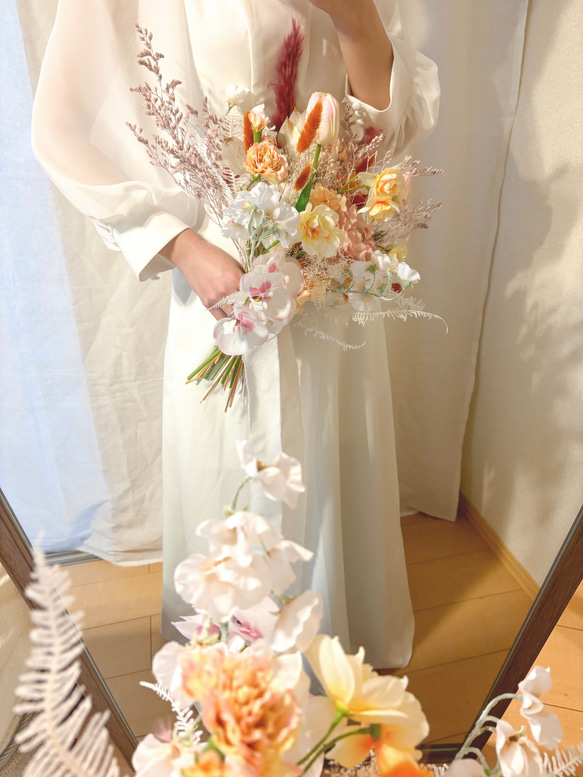 【5月5日までお値引き】¥14550→¥12800 ブートニア付き　春色　ウェディングブーケ　造花　前撮り　和装 3枚目の画像