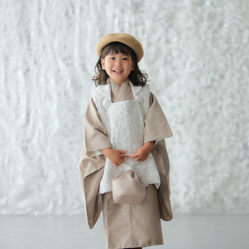 七五三3歳女の子被布/着物 一式6点セット レース/カフェオレ系
