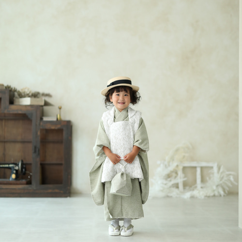 七五三3歳女の子被布/着物 一式6点セット レース/絞り風くすみグリーン