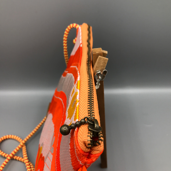 着物帯 リメイク サコッシュ ポシェット オレンジ 3枚目の画像