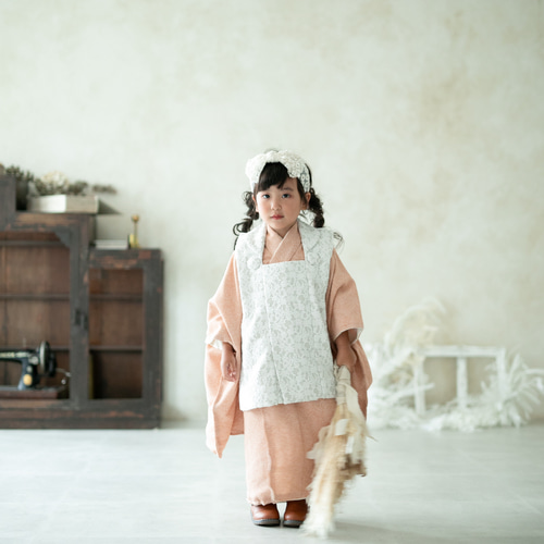 七五三3歳女の子被布/着物 一式6点セット レース/絞り風オレンジ