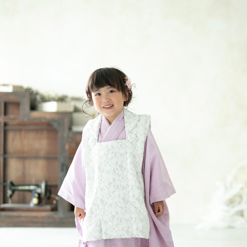 七五三3歳女の子被布/着物 一式6点セット レース/絞り風紫 着物 七五三