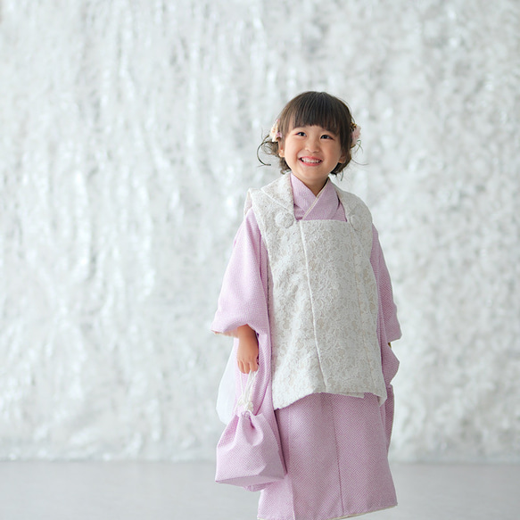 七五三3歳女の子被布/着物 一式6点セット レース/絞り風紫 着物