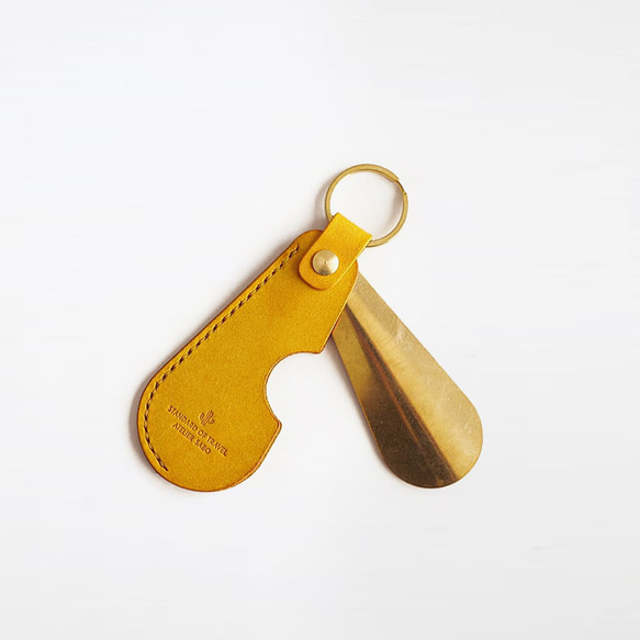 便攜式鞋拔黃銅 [黃色] 鑰匙圈禮物品牌男士女士緊湊型皮革手工製作 第4張的照片