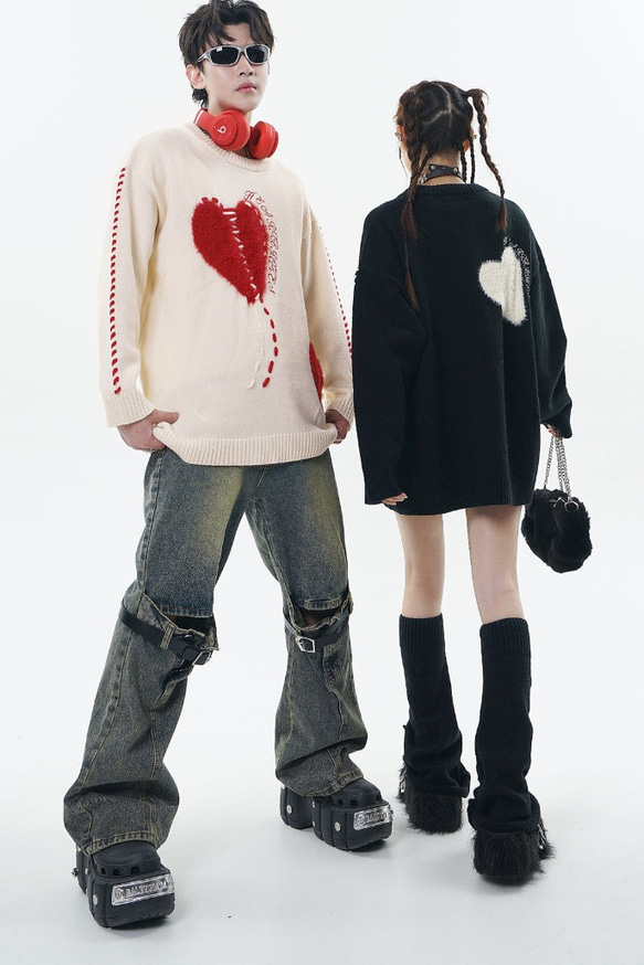 メンズ・レディース兼用・ライン刺繍セーター・冬の厚手ゆったりカジュアルニット 2カラー  20-1184 2枚目の画像