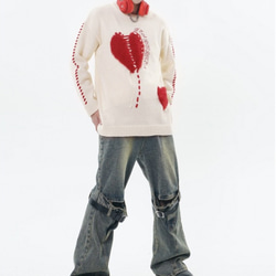 メンズ・レディース兼用・ライン刺繍セーター・冬の厚手ゆったりカジュアルニット 2カラー  20-1184 11枚目の画像