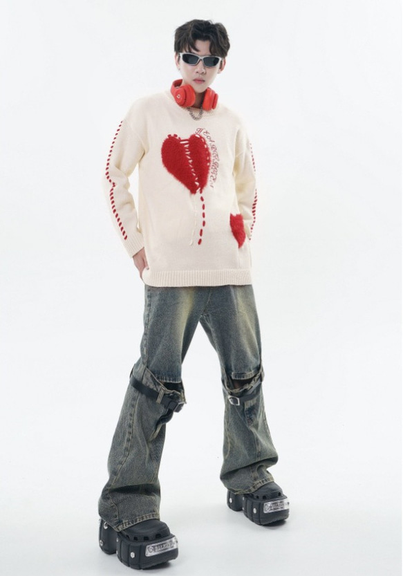 メンズ・レディース兼用・ライン刺繍セーター・冬の厚手ゆったりカジュアルニット 2カラー  20-1184 11枚目の画像