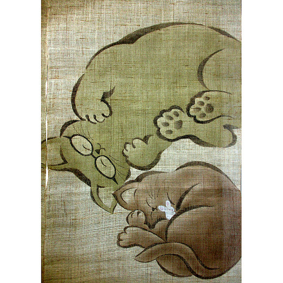 麻暖簾（親子の眠りにゃんこ）（金茶色） 5枚目の画像