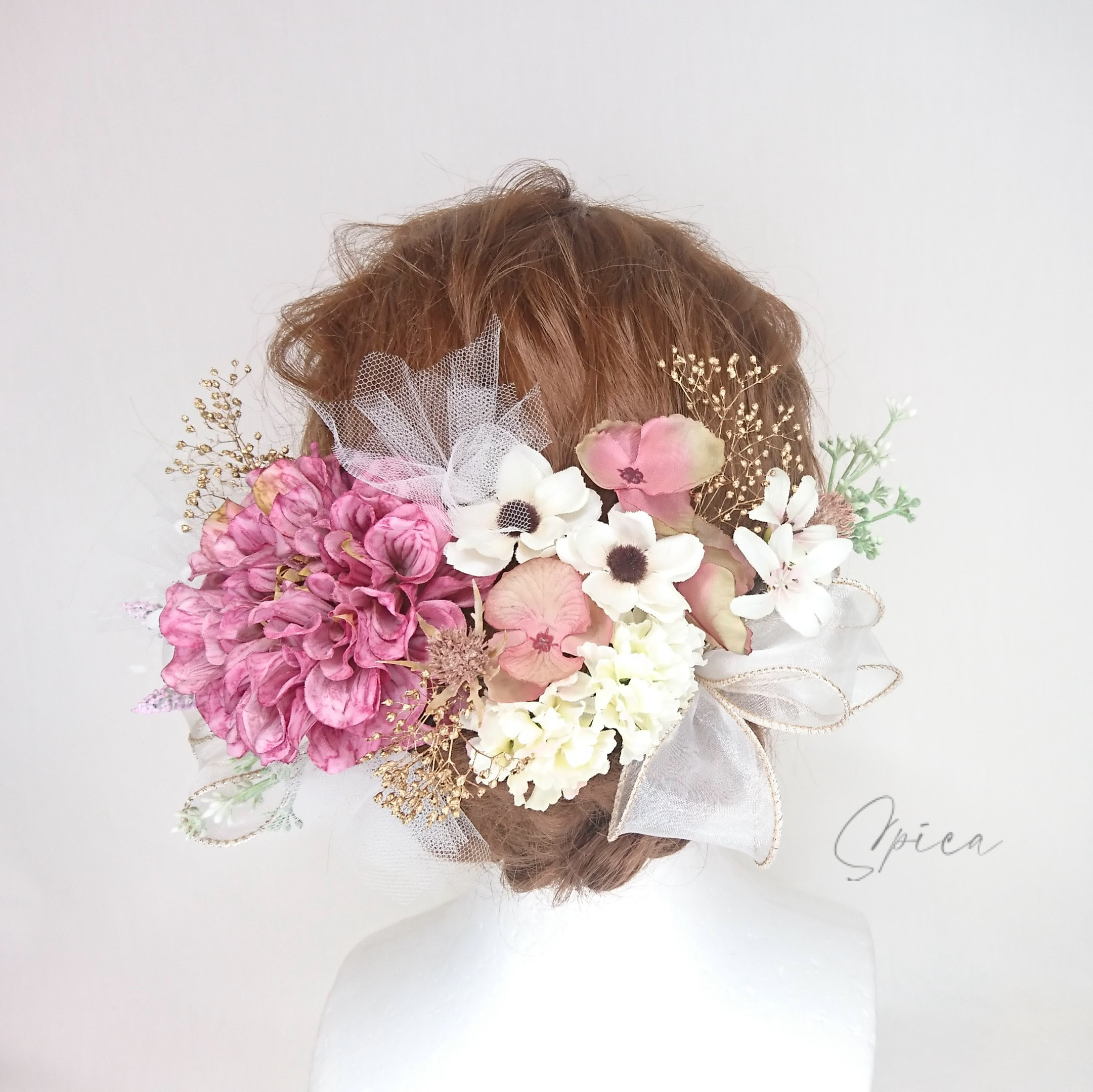 【一点限定】ダリアとアネモネとリボンのヘッドドレス ピンク 成人式 卒業式 ウエディング 造花 かわいい 白 チュール