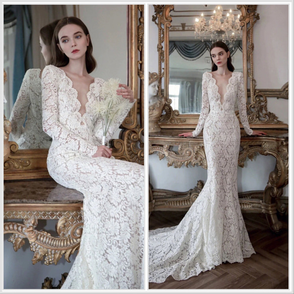 総レース　ウェディングドレス 総レース Vネックウエディングドレス ドレス ウララ — 花嫁の夢を