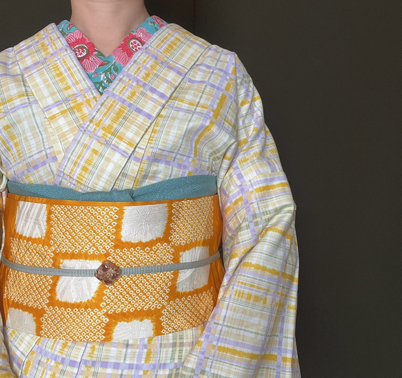 手描き風イエロー×パープルパステルチェック木綿着物 着物 花鹿 kajika 