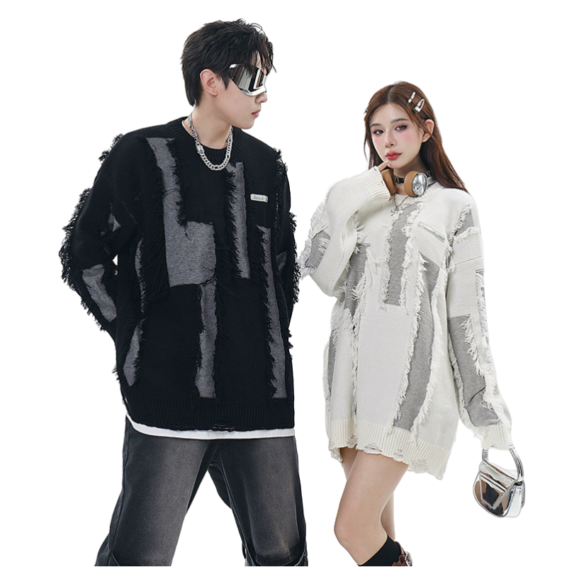 メンズ・レディース兼用・秋冬新作破れフリンジのぶつかり色デザインニットセーター 2カラー  20-1185