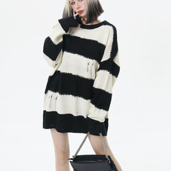 メンズ・レディース兼用・レトロなパッチワーク柄のセーターゆったりとした襟の長袖ニット 2カラー  20-1186 7枚目の画像