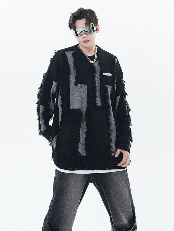 メンズ・レディース兼用・秋冬新作破れフリンジのぶつかり色デザインニットセーター 2カラー  20-1185 8枚目の画像