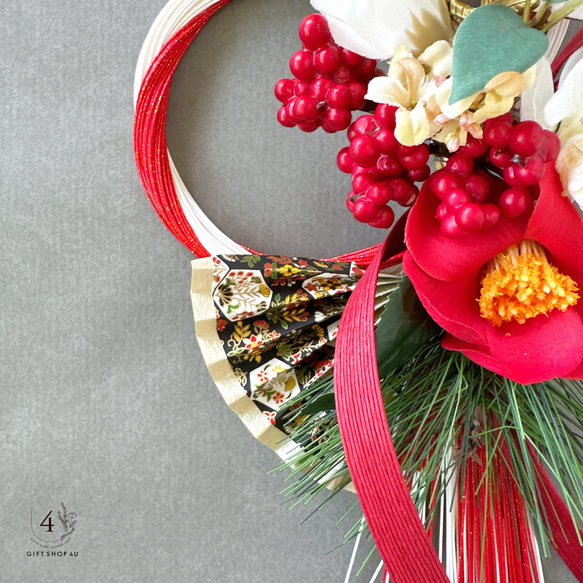 【お正月】紅椿陽光水引飾り（ホワイト×レッド）おしゃれ　扇　正月飾り　椿　迎春　しめ縄　４ 6枚目の画像