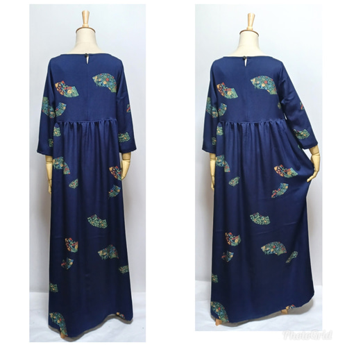 着物リメイク M ウエスト切り替え・七分袖ワンピース 紺色 扇柄