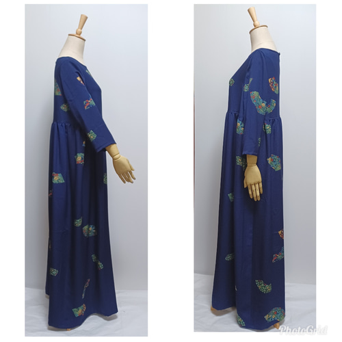 着物リメイク　ワンピース　大島紬　ウエストギャザー　亀甲柄　青紺系　七分袖　W8 着物リメイク ワンピース 大島紬 ウエストギャザー 亀甲柄 青紺