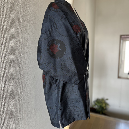 大島紬 作務衣 雪華文 椿花模様 着物リメイク マルキ織 現品限り