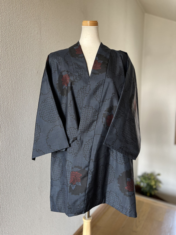 大島紬 作務衣 雪華文 椿花模様 着物リメイク マルキ織 現品限り